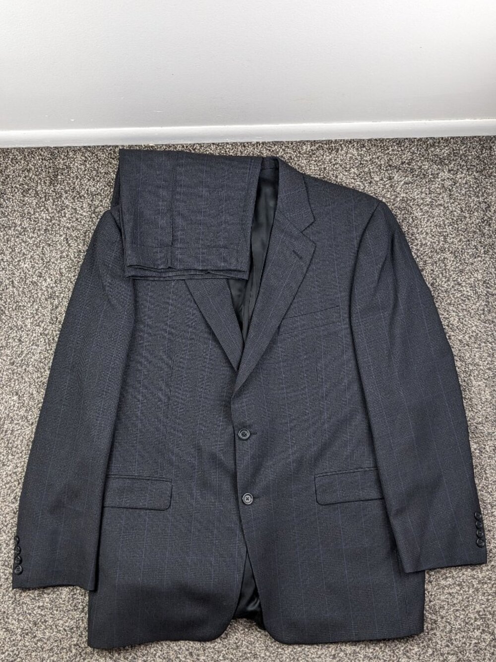 Burberry London Suit 44R Wool Glen Plaid Gray Blue 38x28.5 USA Made